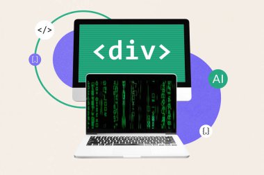 Yapay zeka elementleri olan kodlama ekranları kolaj, dijital gelişimi, web tasarımını ve makine öğrenmesini harmanlamak. Önden ve arkadan programlama. Bilgisayar işleme verileri.