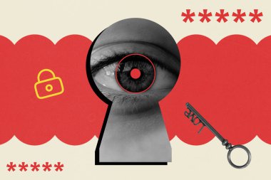 Anahtar deliğinden bakan göz, kilit, anahtar ve şifre sembolleri. Dijital gizlilik, gözetleme ve veri güvenliğinin sürreal kolajı. Kırmızı ve sarı aksanlı pop sanat çizimleri.