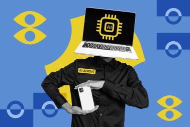 Yapay zeka çipi ikonlu dizüstü bilgisayarı olan bir yapay zeka ajanı, elinde akıllı telefon tutuyor. Yapay zeka kolajı konsepti, canlı pop sanat tarzı..