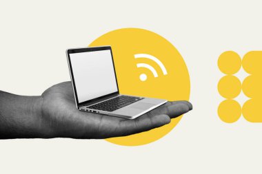Küçük bir dizüstü bilgisayar ve kablosuz internet sinyali sembolü. Siyah ve beyaz izole dijital kolaj. İnternet ve siber güvenlik kavramı.