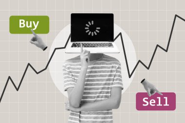 AI ajanı hisse senedi alıp satmayı düşünüyor. Yapay Zeka karar verme süreci finans teknolojisinde. Otomatik ticaret robotu konsepti. Siyah beyaz dijital kolaj.