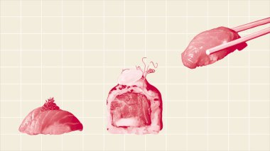 Izgara arka planında minimalist suşi kolajı. Nigiri ve pop sanatları tarzında koyu kırmızı-pembe renkte yuvarlanıyor. Çubuklar suşi parçalarını topluyor..