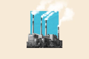 Nükleer enerji santrali bacaları mavi gökyüzüne beyaz duman yayıyor. Sanayi kirliliği kavramı, bej arka planda izole edilmiş. Sanatsal siyah beyaz dijital kolaj