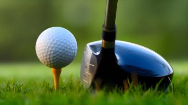 Golf sahasında golf sopasıyla yakın plan golf topunun makro fotoğrafı..