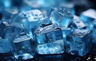 Eriyen mavi buz küpünün sinematik ışıklandırma ışıkları ve inanılmaz detaylarıyla hiper gerçekçi bir çizimi..