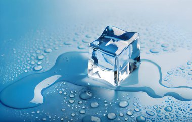 Eriyen mavi buz küpünün sinematik ışıklandırma ışıkları ve inanılmaz detaylarıyla hiper gerçekçi bir çizimi..
