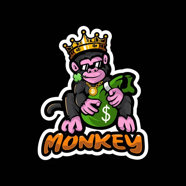 King Monkey Holding Money Bag Biss Kleeblatt Tragen Bitcoin Halskette — Stockvektor