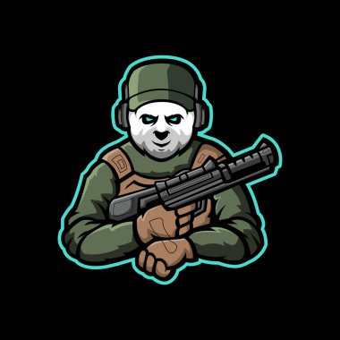 Panda savaşçısı maskot logosu tasarım illüstrasyon vektörü. Panda oyun esportu takımı için silah tutuyor.