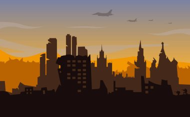 Moskova 'daki savaş, şehir yok edildi, asker geçmişi, asker silueti, topçu, süvari, tank, savaş uçağı.