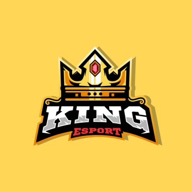 Rozet, amblem ve tişört baskısı için modern illüstrasyon konsepti tarzına sahip King Esport logo tasarım vektörü.