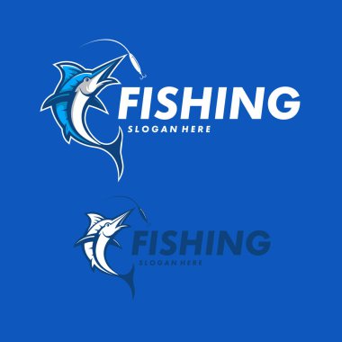 Balık logosu tasarım illüstrasyon vektörü. Marlin balık yemi yiyor.
