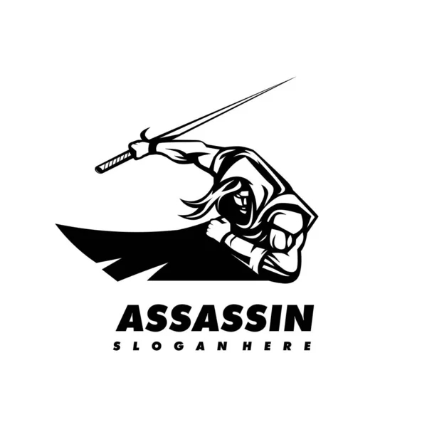 Assassin Logo Design Vektor Ninja Verwenden Schwert Schwarz Und Weiß — Stockvektor