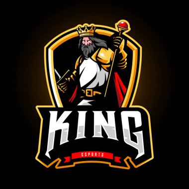 King, logo takımı sporu ve esport oyunu için bir çerçevenin içinde kılıç tutuyor.