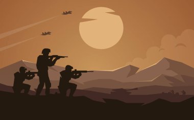 Tepe ve ay ile savaş illüstrasyonu, asker geçmişi, asker silueti, Topçu, Süvari, Tank, Savaş uçağı