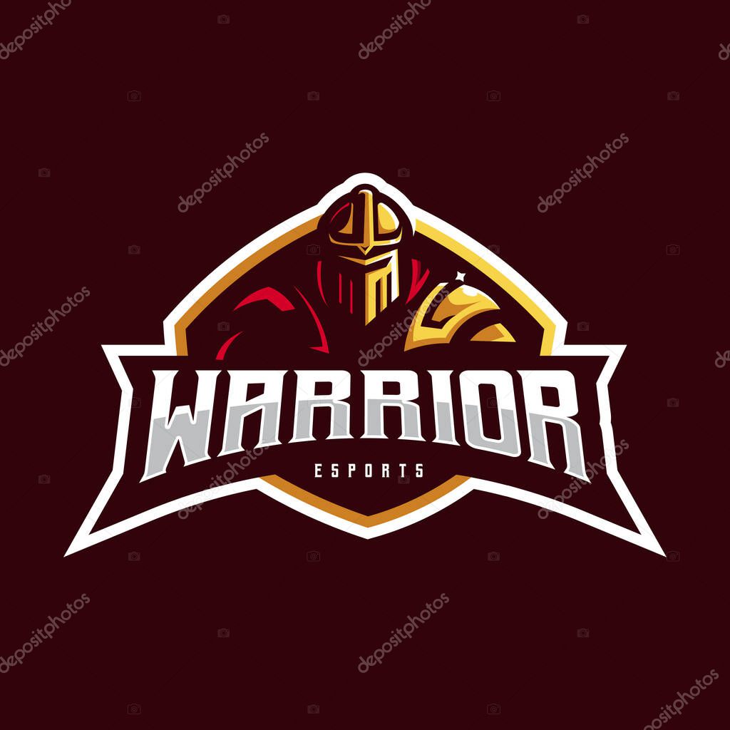 Gold Warrior mascot logo design illustration vector. knight in shield for team sports gaming or esport