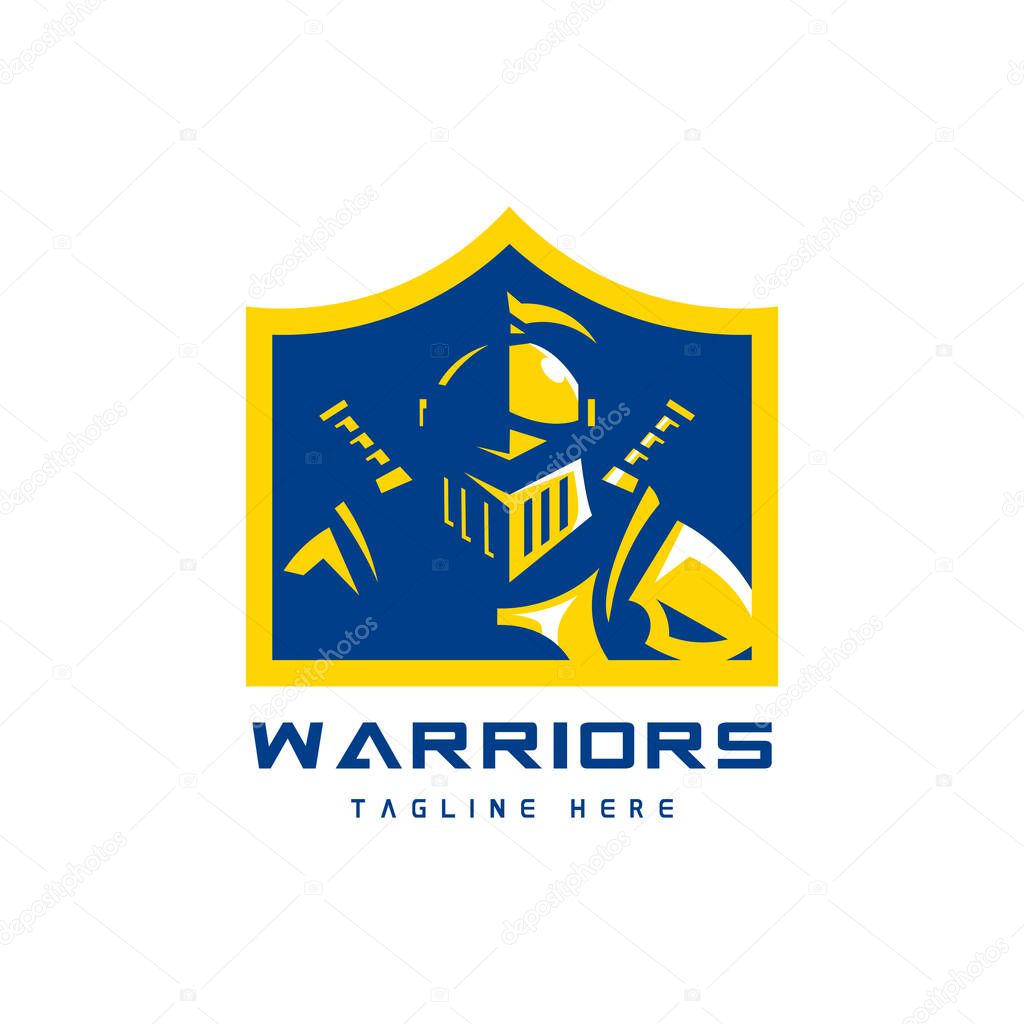 Knight warrior with sword and in shield logo design illustration vector