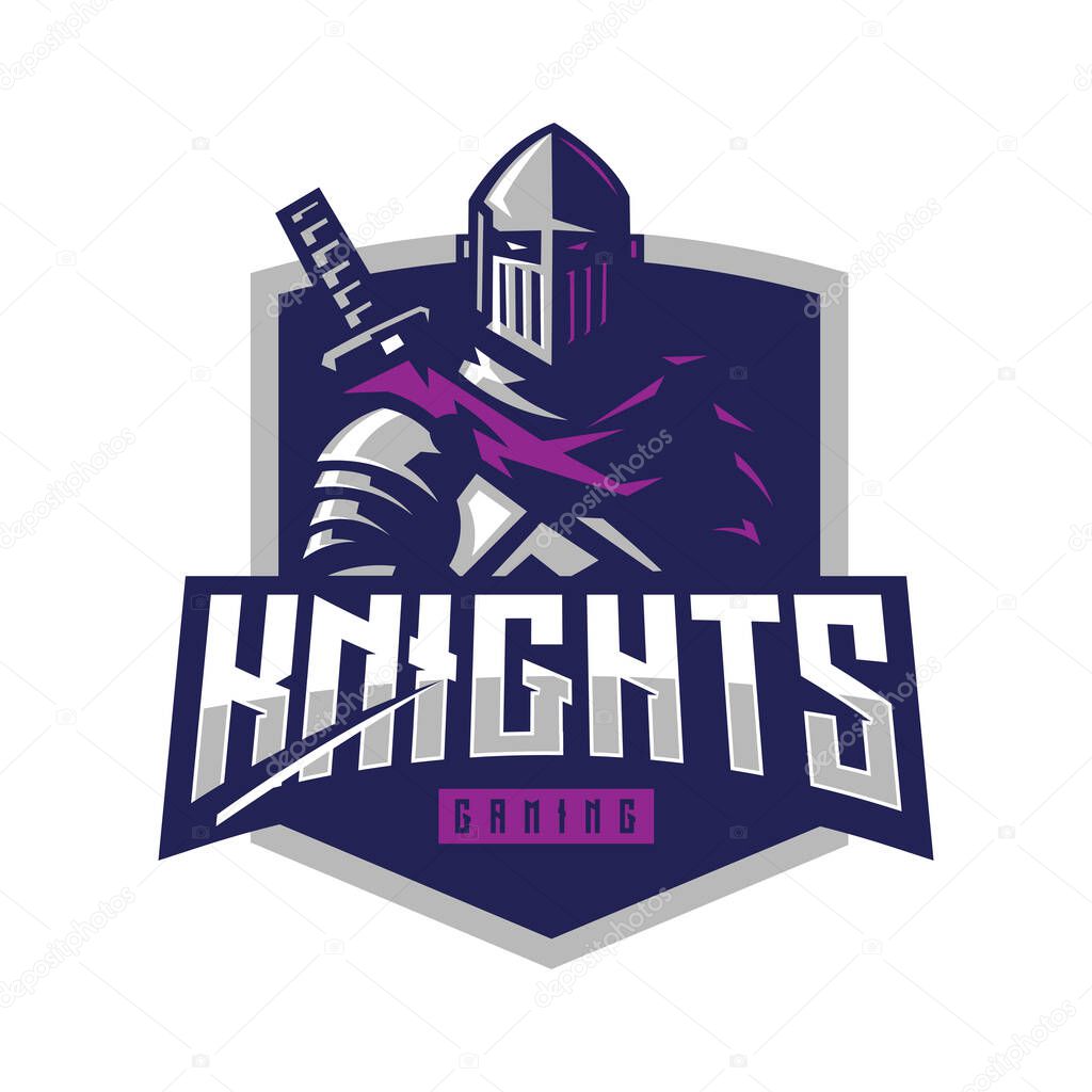 Knight gaming logo design illustration vector. knights with sword in shield for team sports and esport