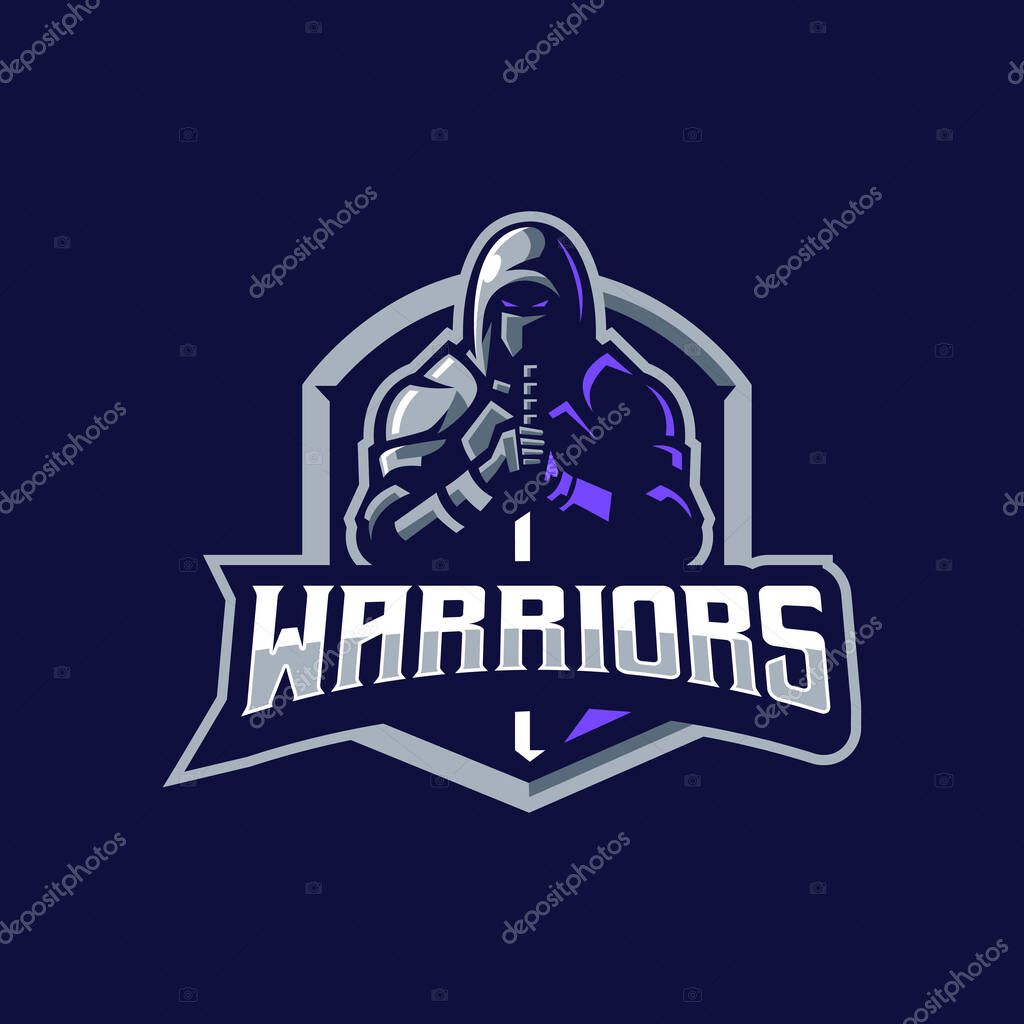 Warrior holding sword in shield for sport gaming logo
