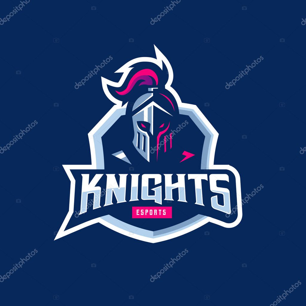 Knight Warrior in Shield symbol Logo Design. Spartan Helmet Logo Inspiration. Spartan Greek Gladiator Armor Flat Vector Icon.