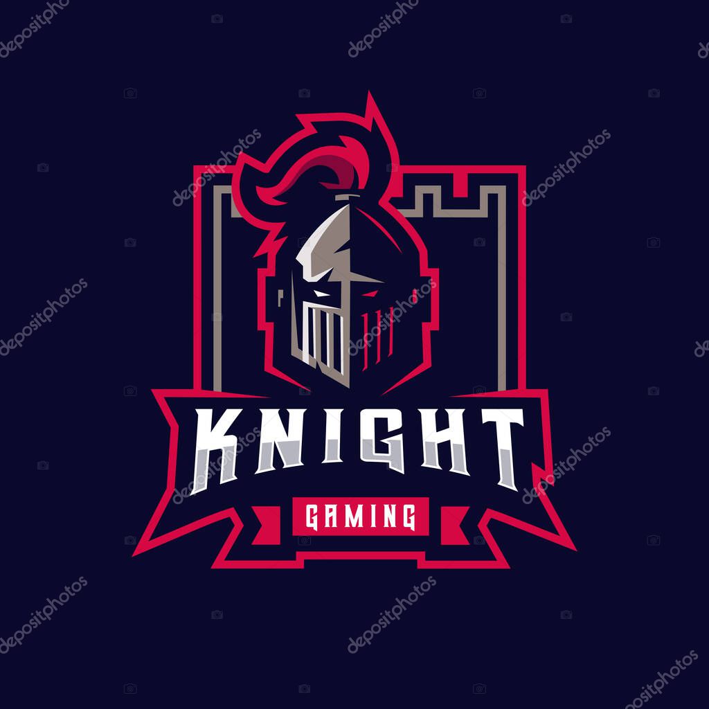 Knight in castle esport game logo design illustration vector. Warrior gaming badge icon