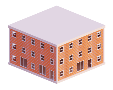 Turuncu tuğla bina, izometrik. 3d oluşturma.