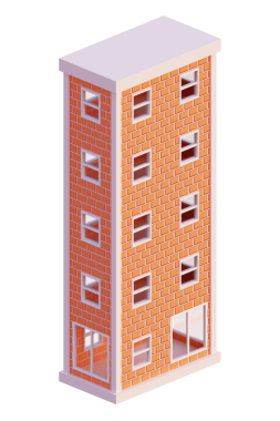 Turuncu tuğla bina, izometrik. 3d oluşturma.