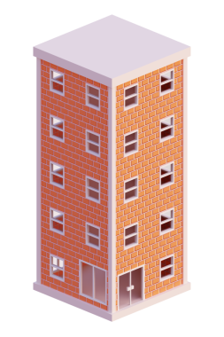 Turuncu tuğla bina, izometrik. 3d oluşturma.