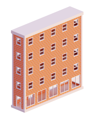 Turuncu tuğla bina, izometrik. 3d oluşturma.