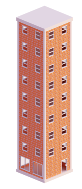 Turuncu tuğla bina, izometrik. 3d oluşturma.