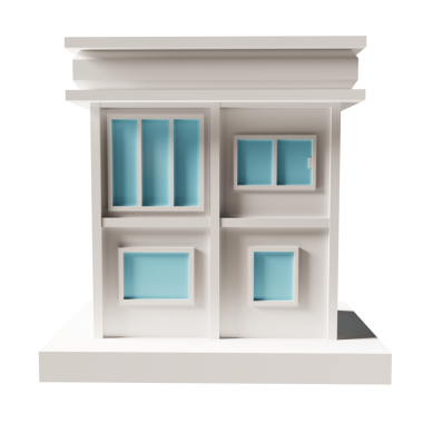 Mavi kapı ve pencere binası. 3d oluşturma.