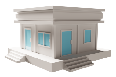 Mavi kapı ve pencere binası. 3d oluşturma.