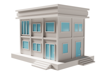 Mavi kapı ve pencere binası. 3d oluşturma.