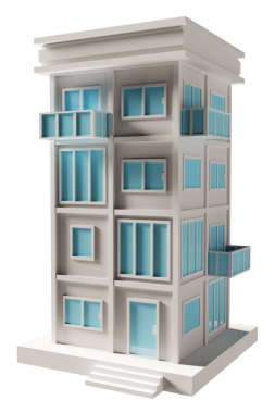 Mavi kapı ve pencere binası. 3d oluşturma.