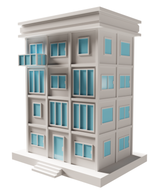 Mavi kapı ve pencere binası. 3d oluşturma.