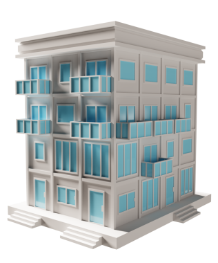 Mavi kapı ve pencere binası. 3d oluşturma.