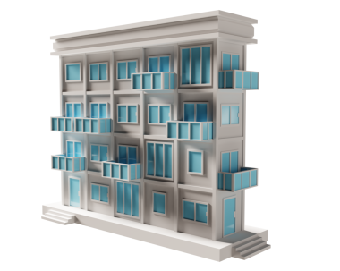 Mavi kapı ve pencere binası. 3d oluşturma.