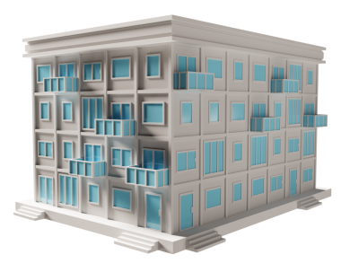 Mavi kapı ve pencere binası. 3d oluşturma.