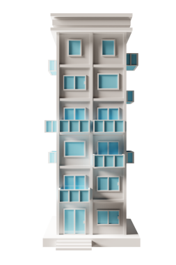 Mavi kapı ve pencere binası. 3d oluşturma.