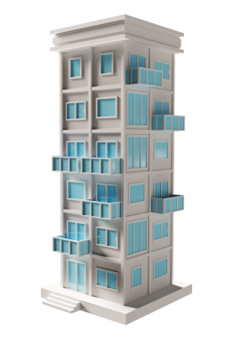 Mavi kapı ve pencere binası. 3d oluşturma.