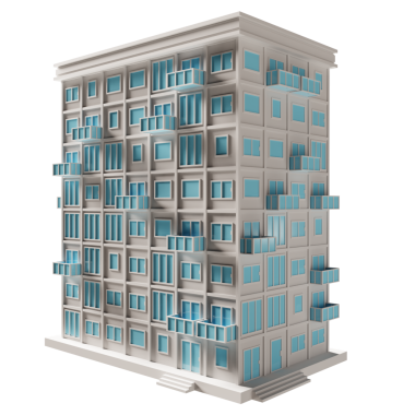 Mavi kapı ve pencere binası. 3d oluşturma.