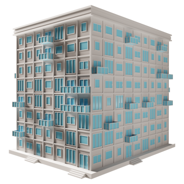 Mavi kapı ve pencere binası. 3d oluşturma.