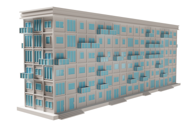 Mavi kapı ve pencere binası. 3d oluşturma.