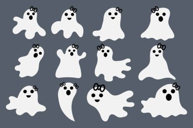 Tatlı hayalet ve kara kurdele Cadılar Bayramı seti. Vektör illüstrasyonu.