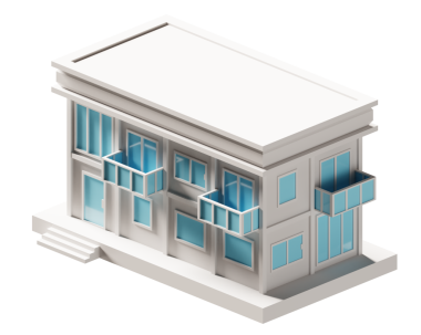 Mavi kapı ve pencere binası izometrik. 3d oluşturma.