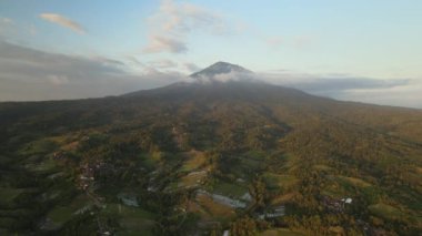 Bali 'deki Agung Dağı' nın gün batımı manzarası yeşil pirinç tarlalarıyla çevrili.