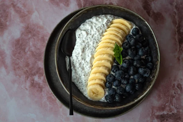 Chia Pudding Vegetable Milk Blueberries Mint — стоковое фото