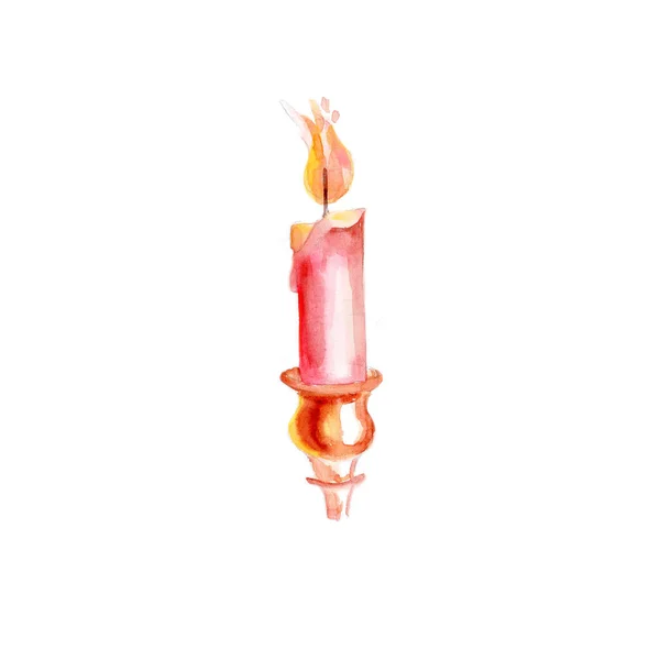 白色背景上带有红色火焰的蜡烛的水彩画 — 图库照片