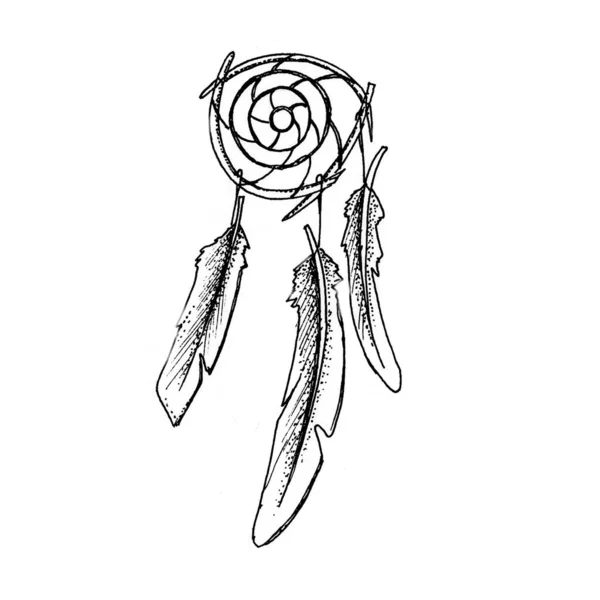 Łapacz Snów Skrzydłami Rdzennych Indian Ilustracja Stylu Tatuażu — Zdjęcie stockowe