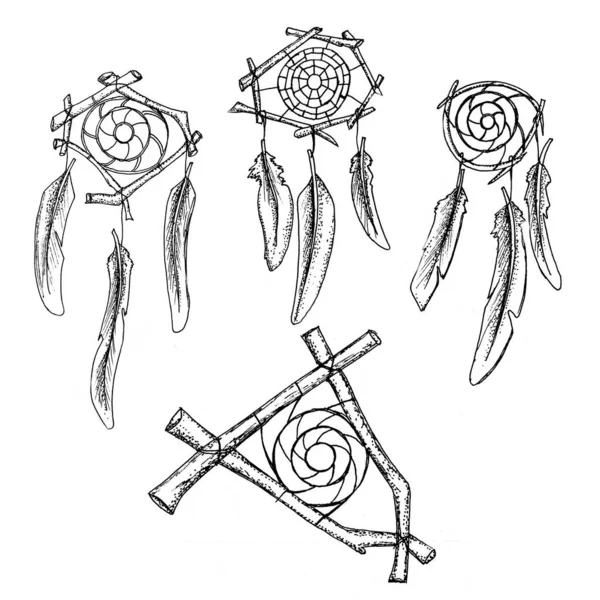 Traumfänger Mit Flügeln Der Indianischen Ureinwohner Tattoo Style Illustration — Stockfoto