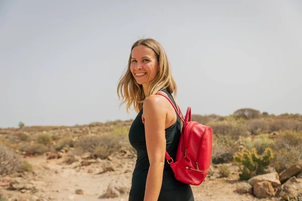 stock image Portrait of a smiling hiker during a hike in the mountains, outdoors activities